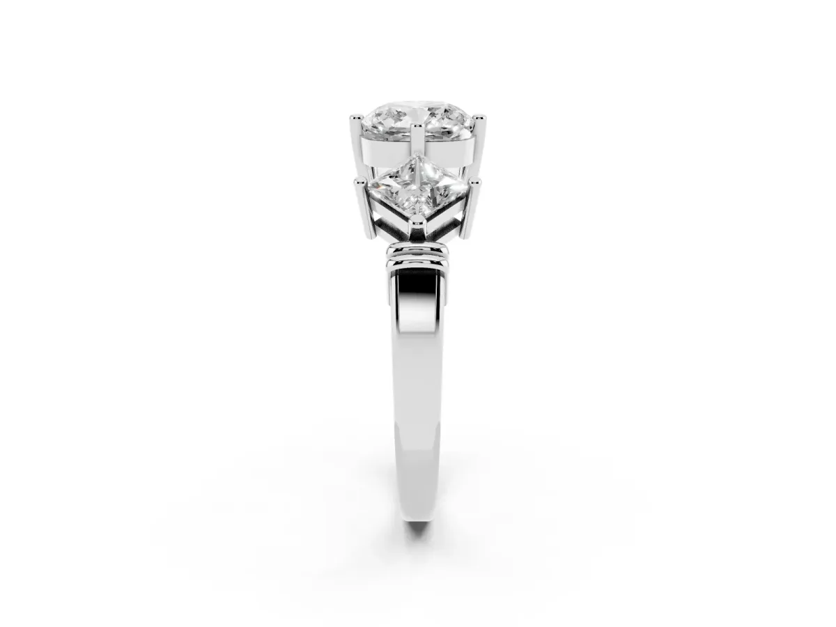 Three-Stone Cushion Cut and Princess Cut Diamond Ring with Channel Band and Four-Prong Setting White gold