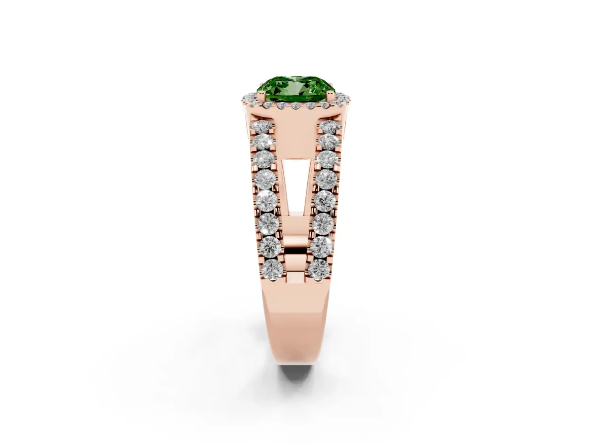 Fancy Green Cushion Cut Cut Halo Split Shank Diamond Ring with Four-Prong Setting Rose gold
