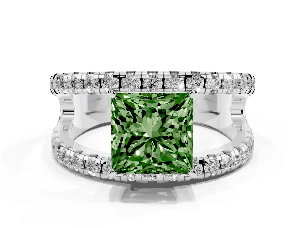 Fancy Green Princess Cut Solitaire Split Shank Pave Diamond Ring Platinum