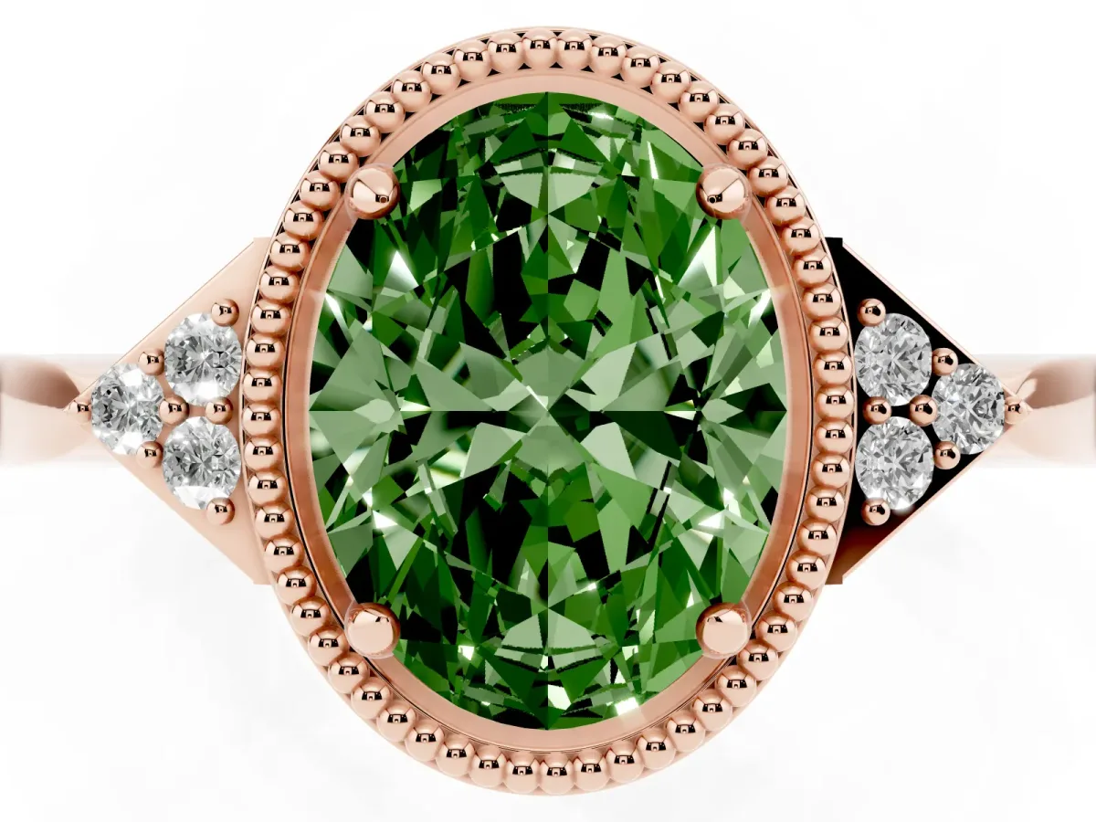 Fancy Green Oval Cut Diamond Halo Ring with Tapered Band and Four-Prong Setting Rose gold