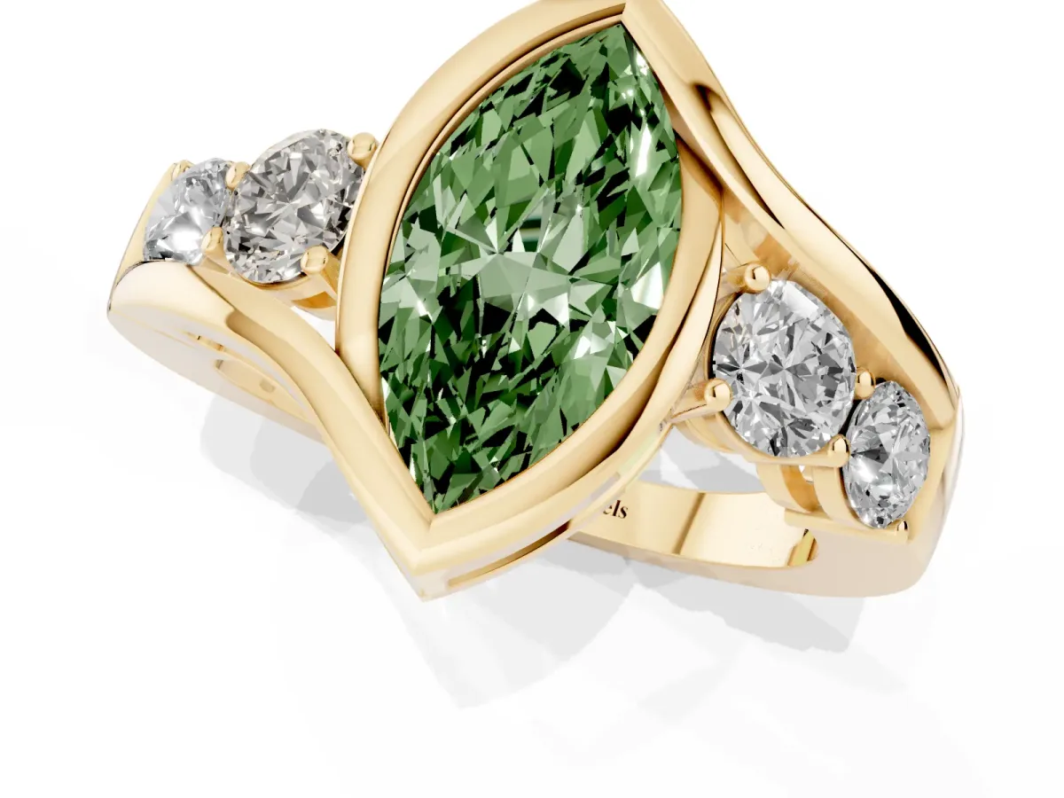 Fancy Green Bezel Set Marquise Cut Diamond Bypass Ring with Round Accents Yellow gold