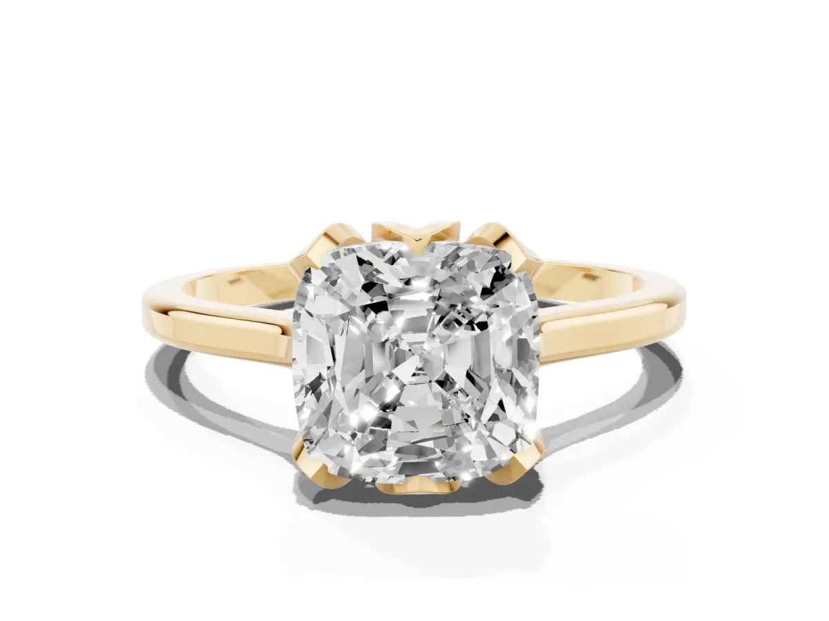 Cushion Cut Diamond Solitaire Ring with Flower Prong Setting and Classic Band Yellow gold
