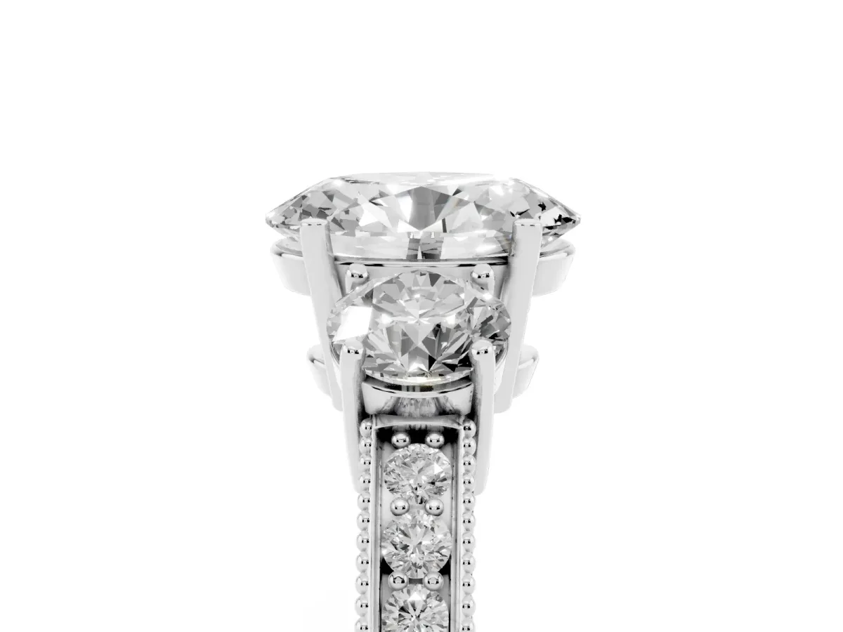 Oval Cut Three-Stone Diamond Ring with Pavé Band and Four-Prong Setting Silver
