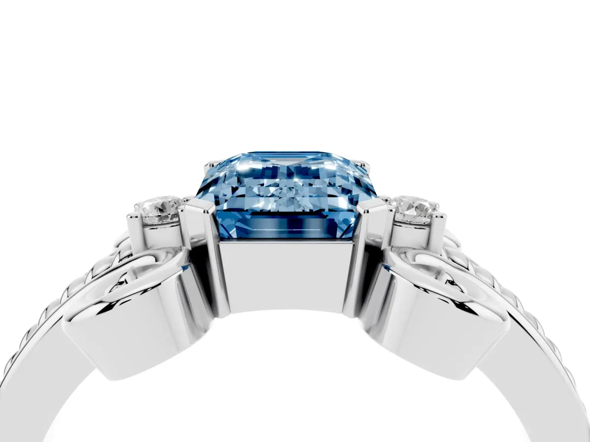 Fancy Blue Emerald Cut Solitaire Twisted Band Scroll Prong Ring Platinum