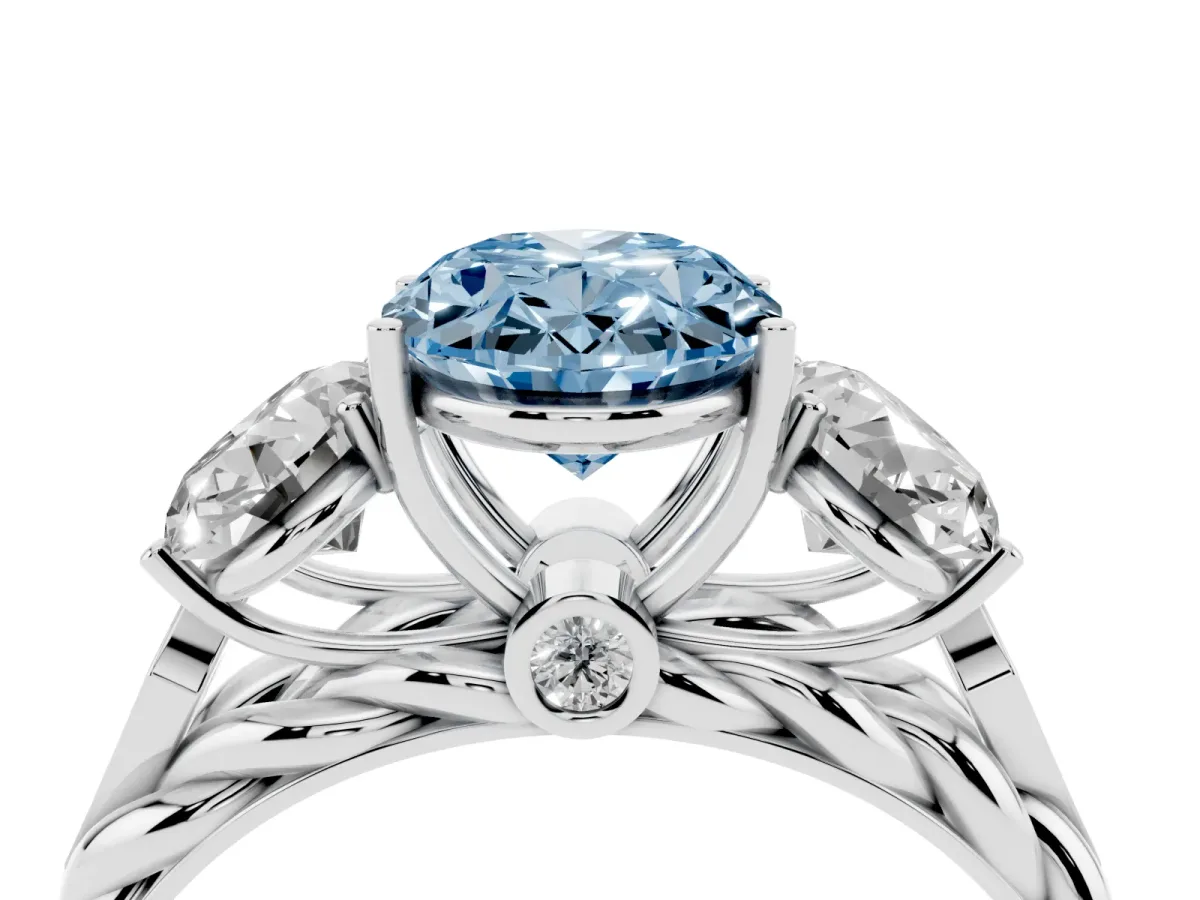 Fancy Blue Three-Stone Oval Cut Diamond Braided Band Ring with Four-Prong Setting Platinum