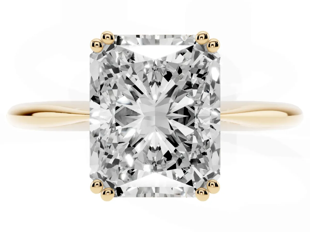 Radiant Cut Solitaire Diamond Ring with Six-Prong Setting and Classic Band Yellow gold