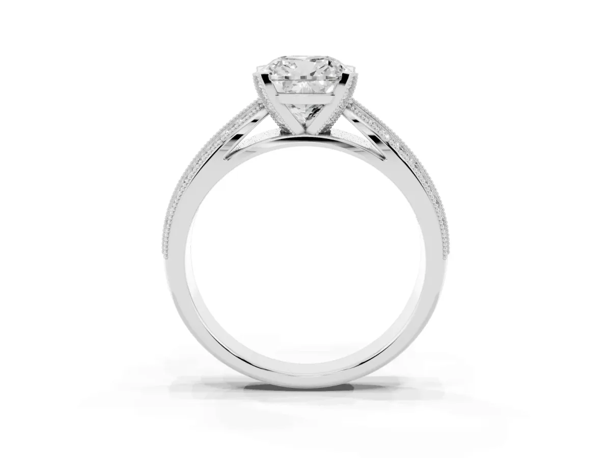 Cushion Cut Diamond Solitaire Ring with Milgrain Round Pavé Band and Prong Setting Silver