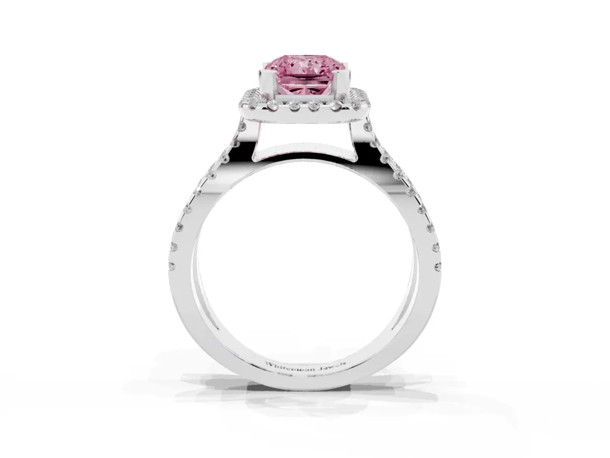 Fancy Pink Radiant Cut Diamond Halo Ring with Split Shank Pavé Band and Prong Setting Silver