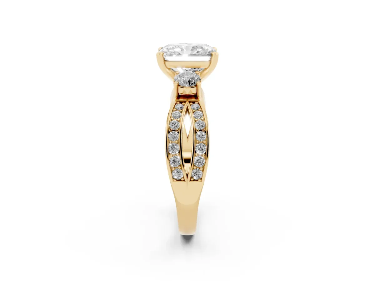 Three-Stone Radiant Cut Cut Diamond Twist Band with Prong Setting Yellow gold