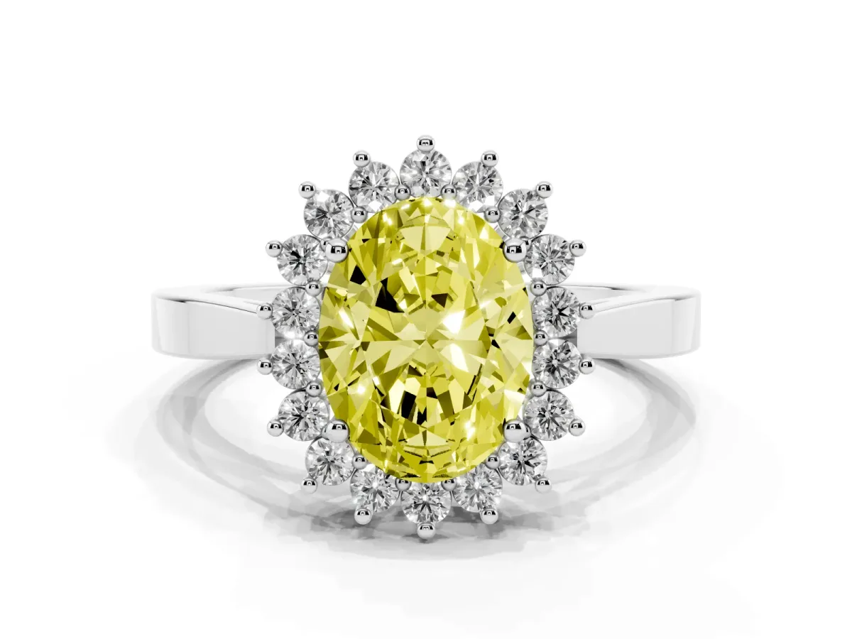 Fancy Yellow Oval Cut Cut Diamond Halo Ring with Round Brilliant Halo and Solitaire Band Silver