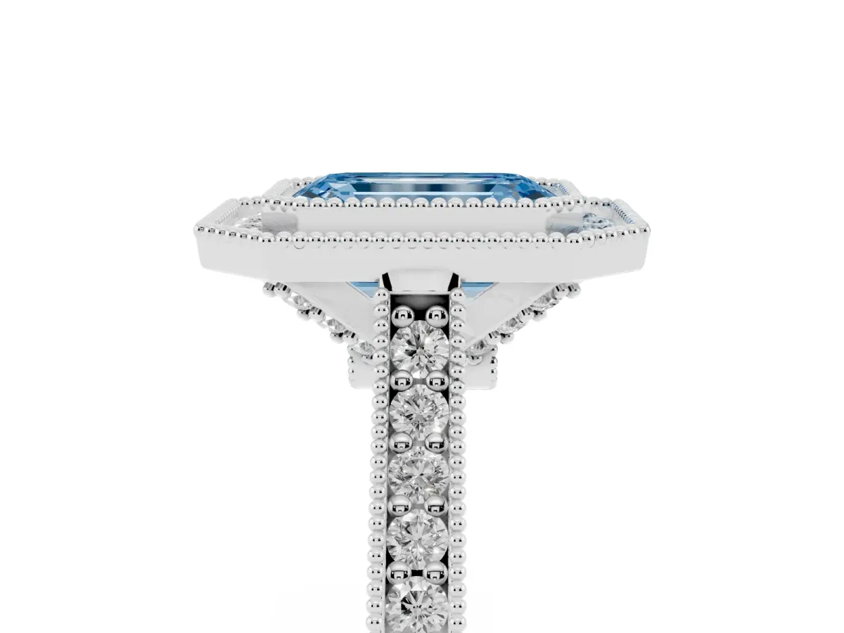 Fancy Blue Halo Emerald Cut-Cut Diamond Pave Band Milgrain Prong Setting Ring Silver