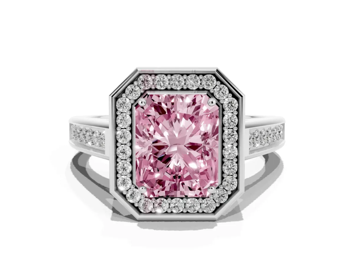 Fancy Pink Radiant Cut Halo Solitaire Diamond Ring with Pave Band and Bezel Setting White gold
