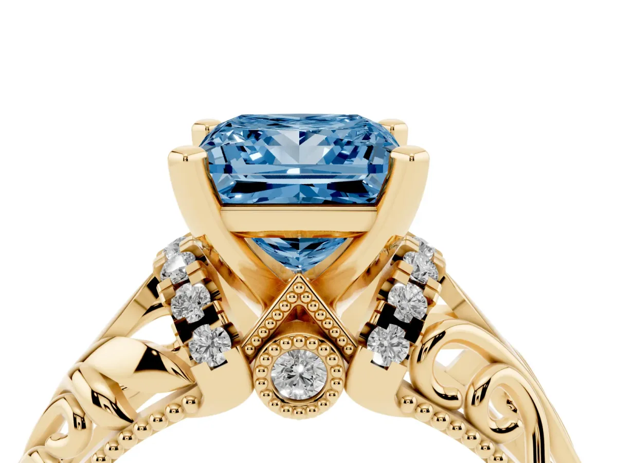 Fancy Blue Princess Cut Solitaire Filigree Engagement Ring with Halo and Prong Setting Yellow gold