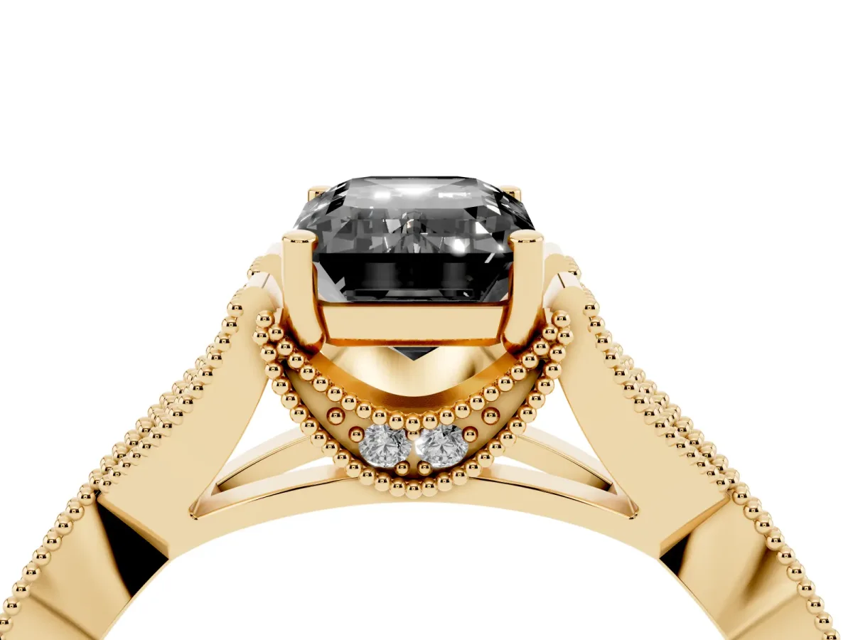 Fancy Black Emerald Cut Cut Diamond Twisted Band with Milgrain Pave Setting and Four-Prong Setting Yellow gold