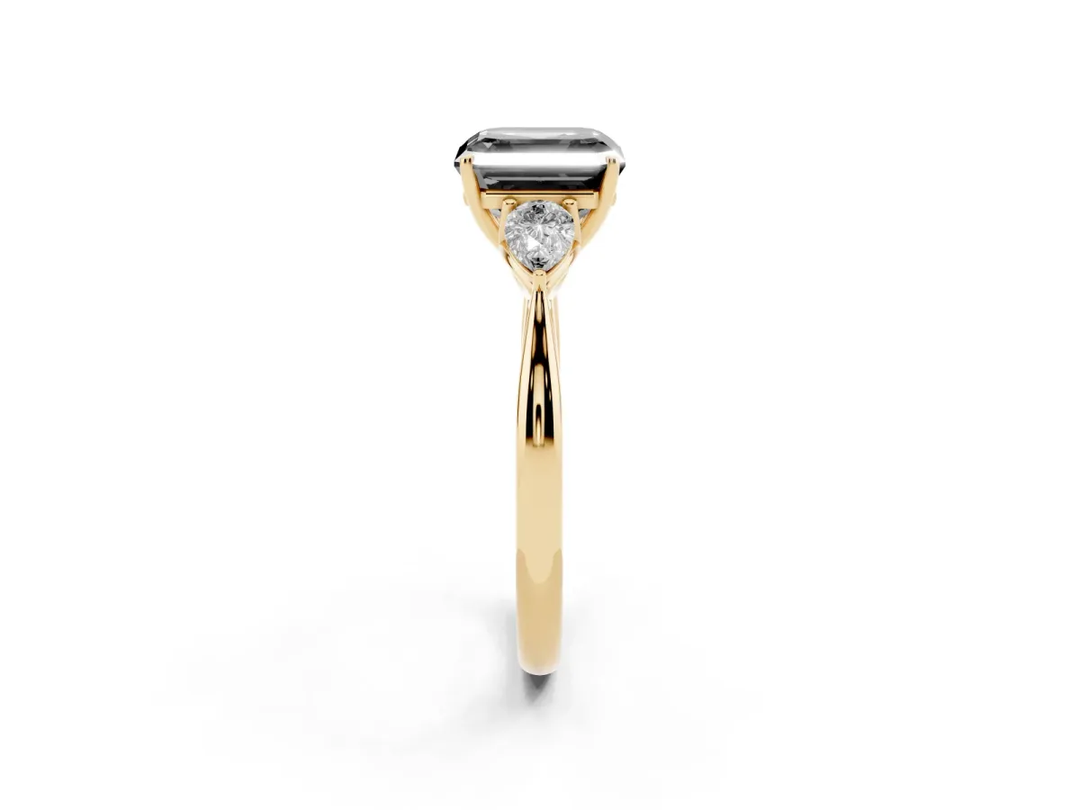 Fancy Black Three-Stone Asscher Cut Brilliant Diamond Solitaire Ring with Tapered Band and Four-Prong Setting Yellow gold