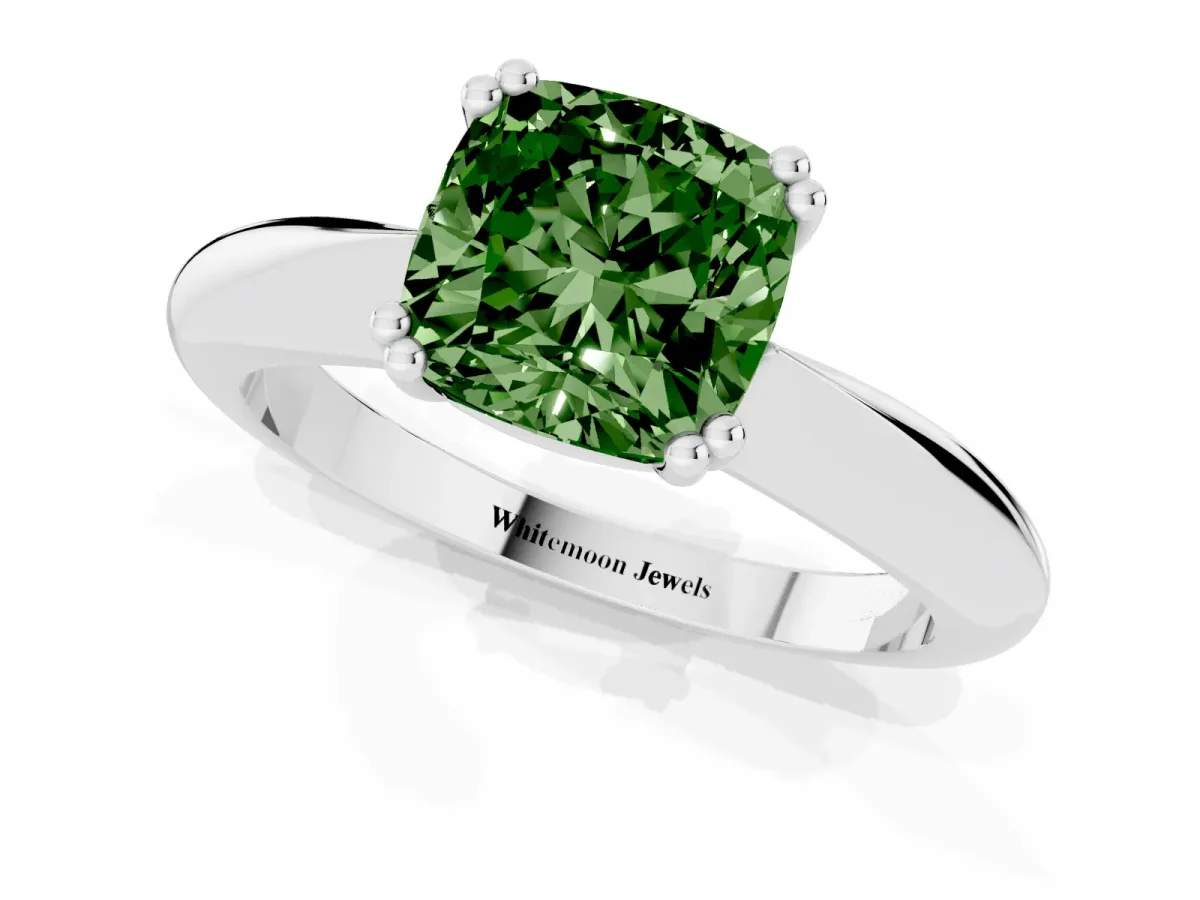 Fancy Green Cushion Cut Cut Solitaire Engagement Ring with Tapered Band and Four-Prong Setting Silver