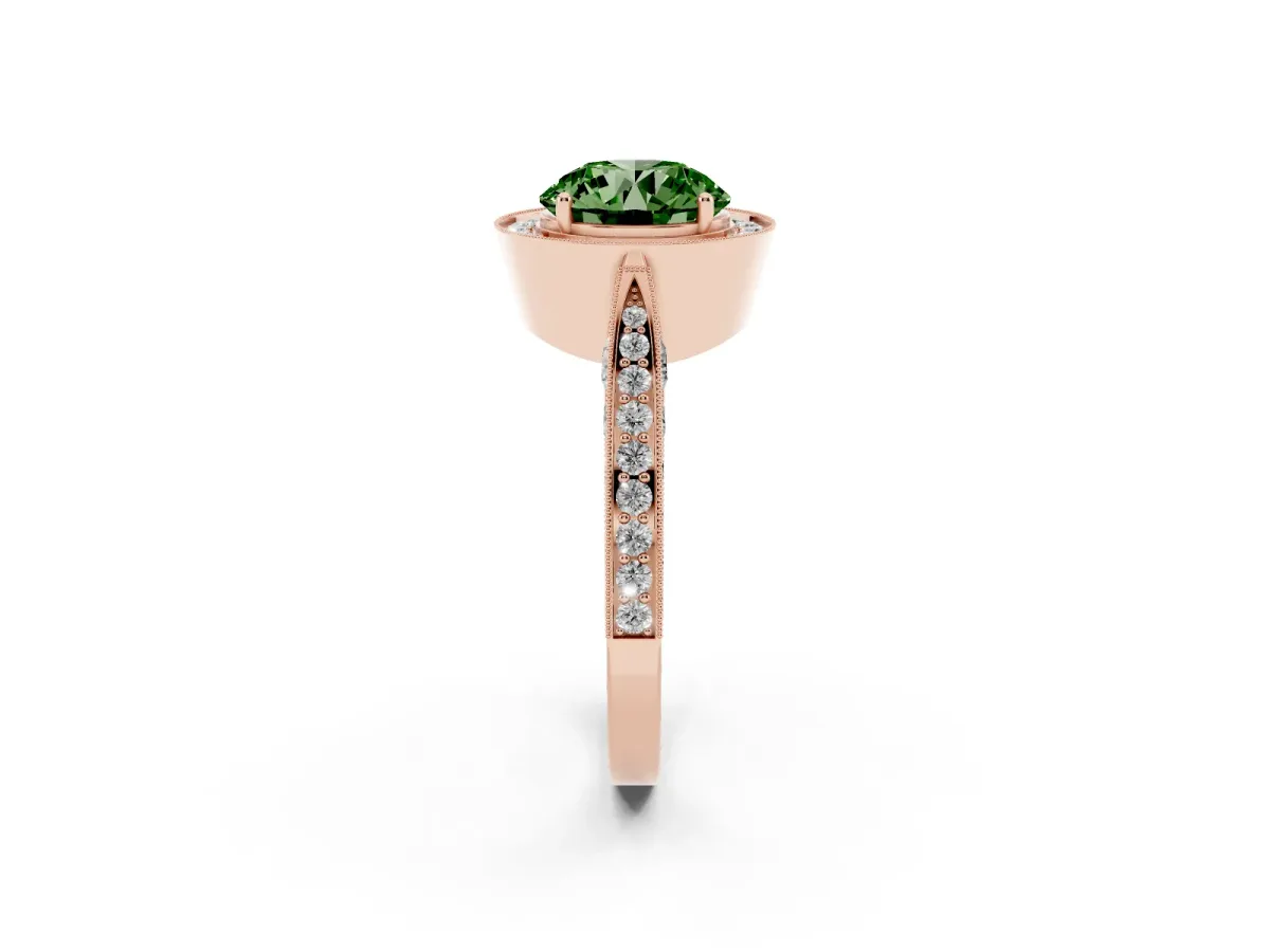Fancy Green Round Cut Halo Diamond Engagement Ring with Split Shank Band and Four-Prong Setting Rose gold