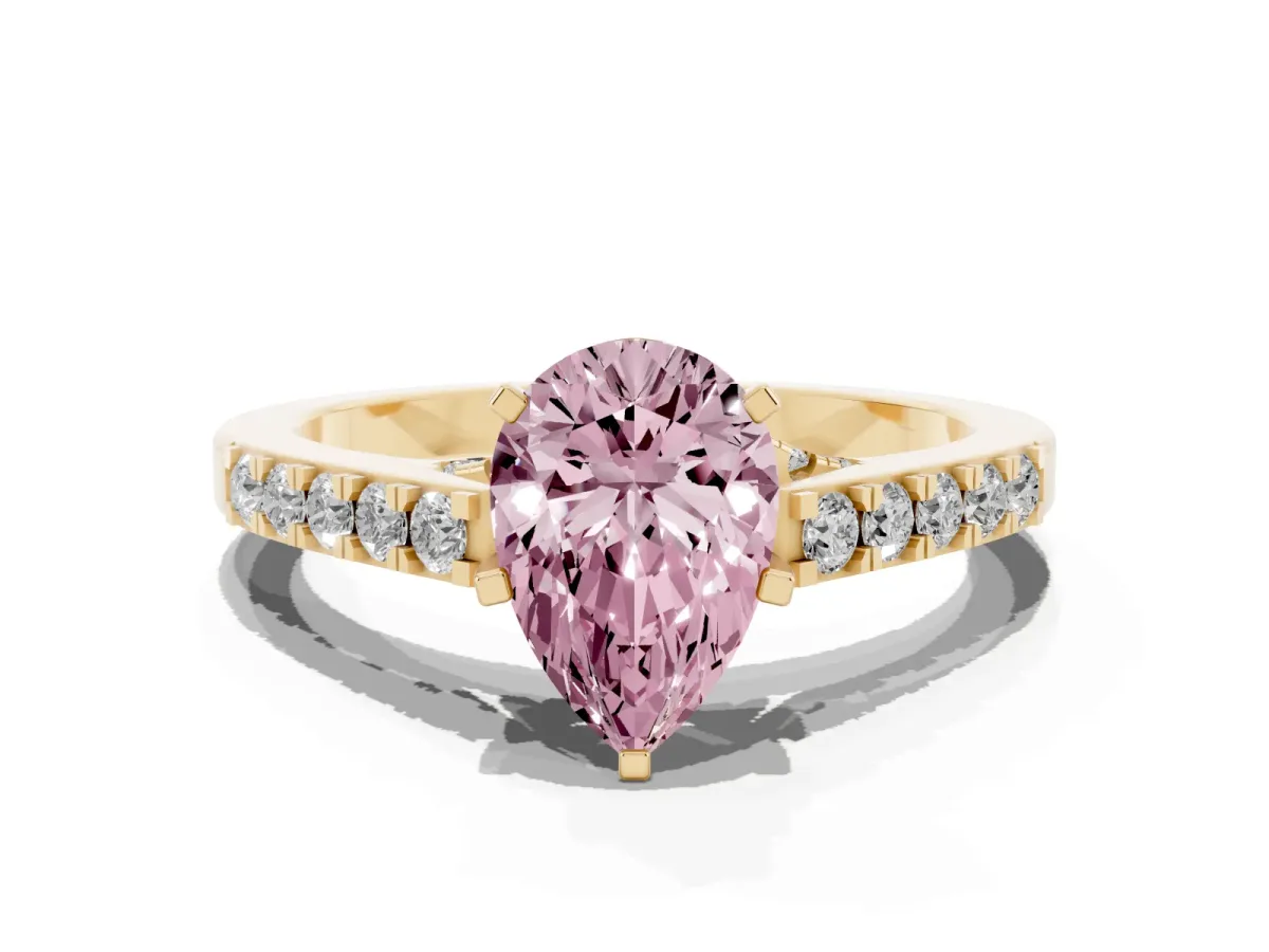 Fancy Pink Pear Cut Diamond Solitaire Ring with Crossover Gallery and Round Pavé Band Yellow gold