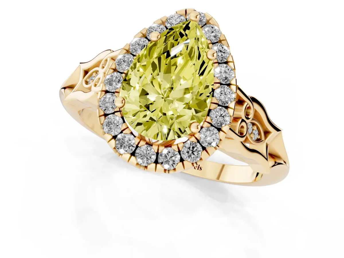Fancy Yellow Pear Cut Halo Diamond Engagement Ring with Filigree Band and Four-Prong Setting Yellow gold