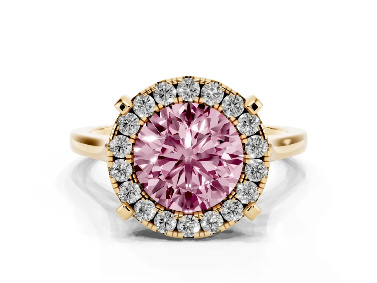 Fancy Pink Round Cut Diamond Cluster Halo Solitaire with Four-Prong Setting Yellow gold