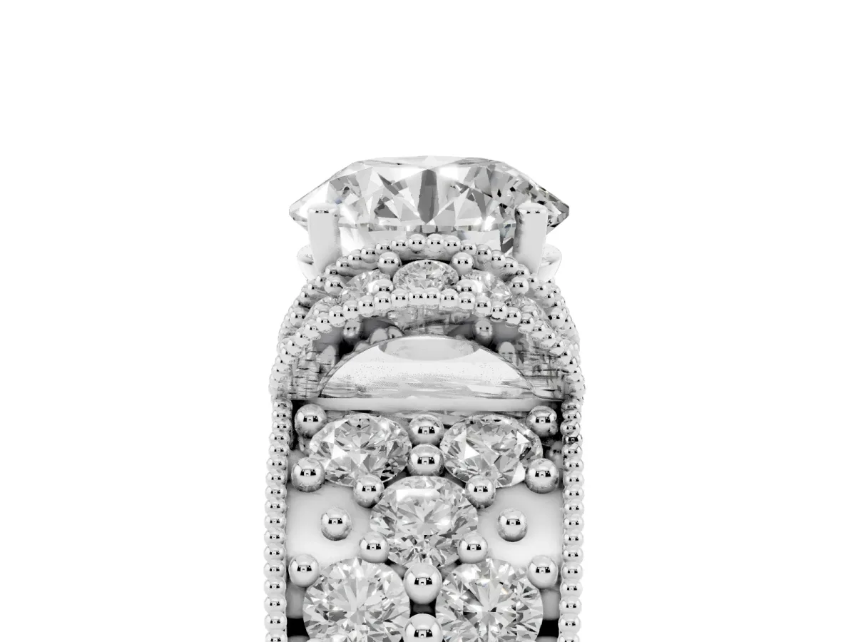 Round Cut Halo Pave Diamond Engagement Ring with Milgrain Detailing Silver