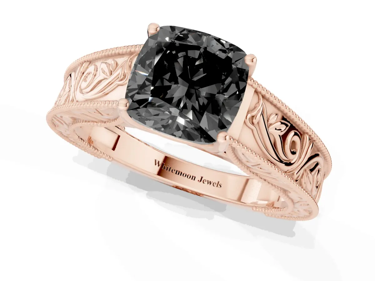 Fancy Black Cushion Cut Diamond Solitaire Ring with Engraved Band and Four-Prong Setting Rose gold
