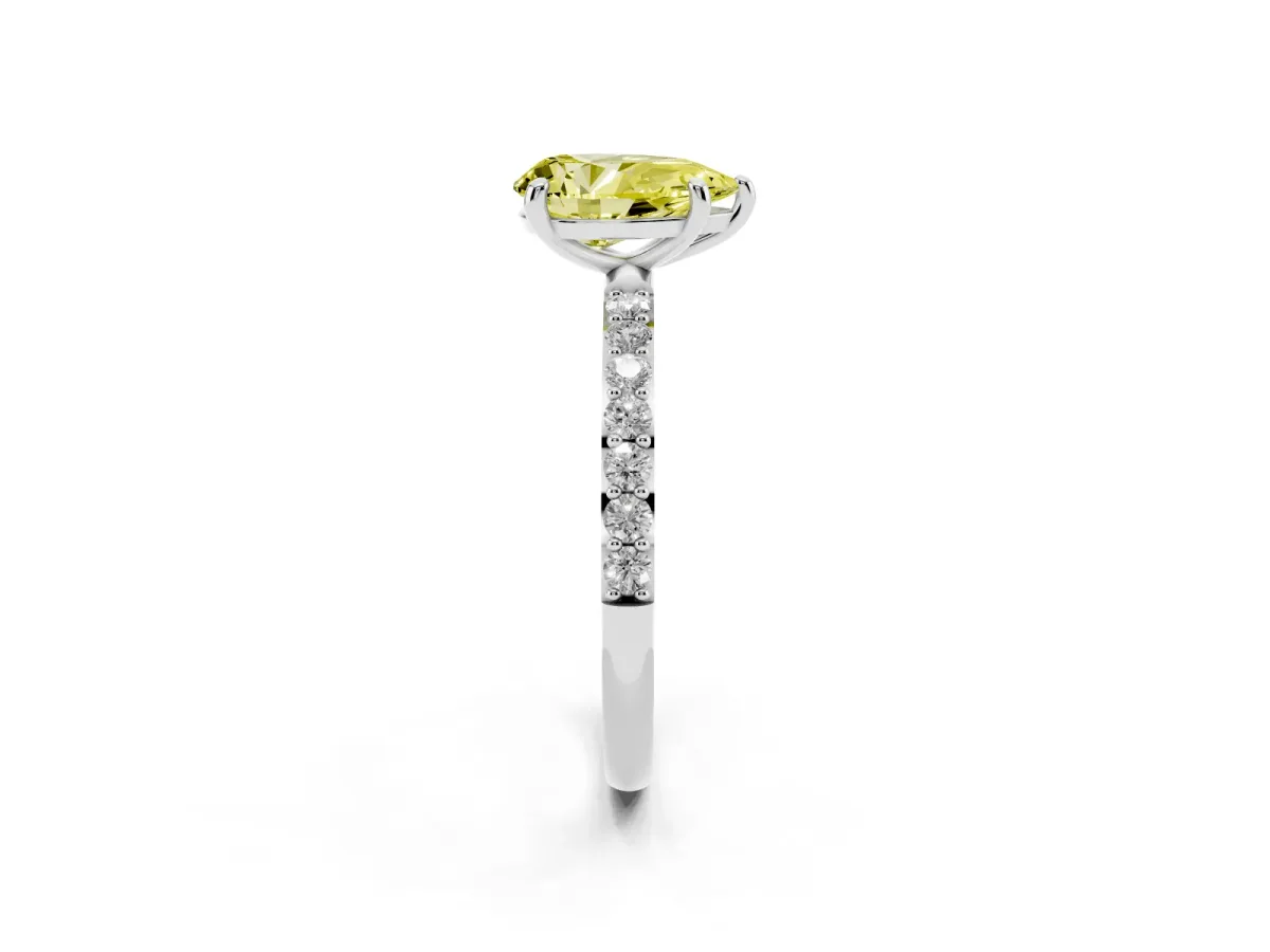 Fancy Yellow Pear Cut Diamond Solitaire Ring with Round Pavé Band and Prong Setting Silver