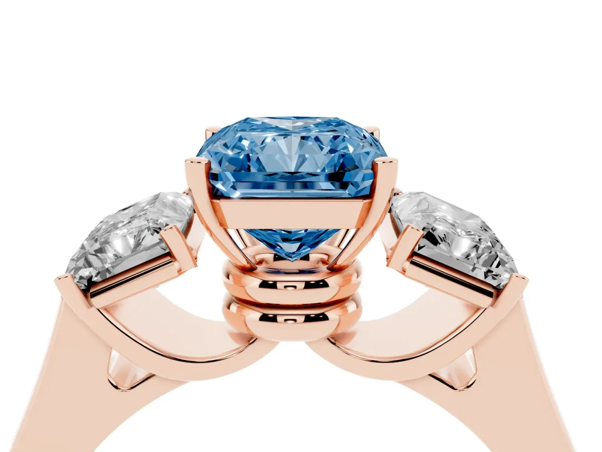 Fancy Blue Three-Stone Radiant Cut Brilliant Diamond Trellis Ring with Comfort Fit Band Rose gold