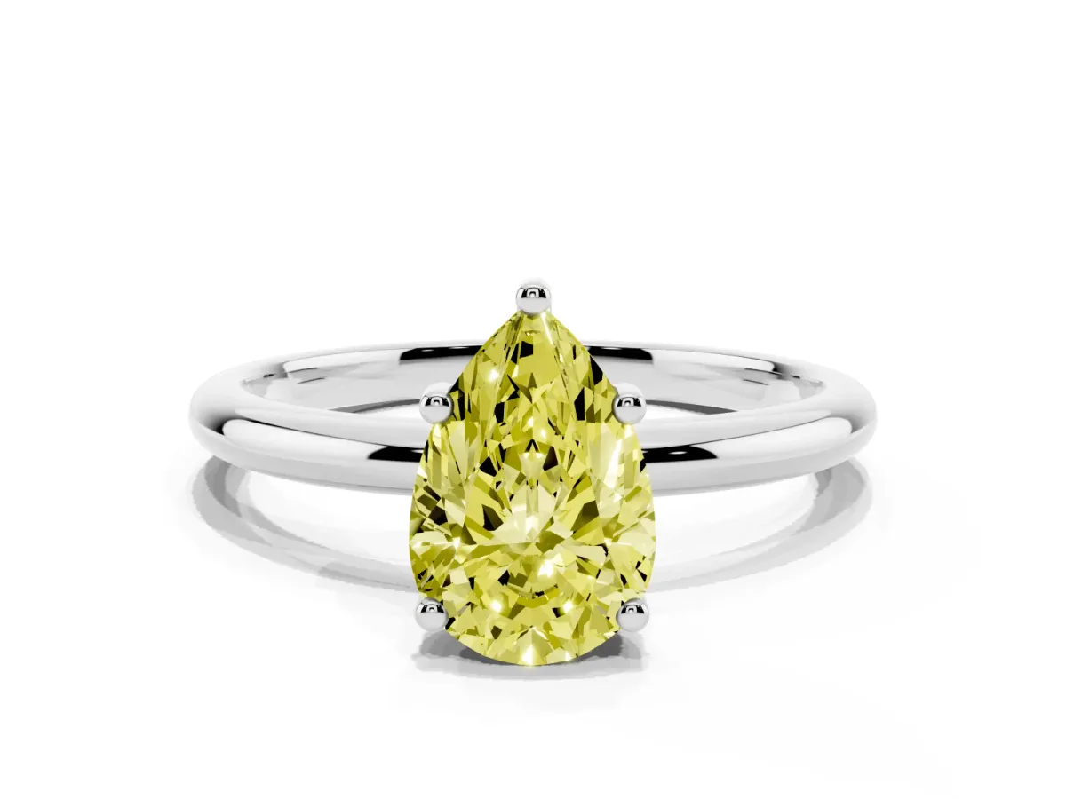 Fancy Yellow Pear Cut Cut Solitaire Engagement Ring with Four-Prong Setting and Classic Band White gold