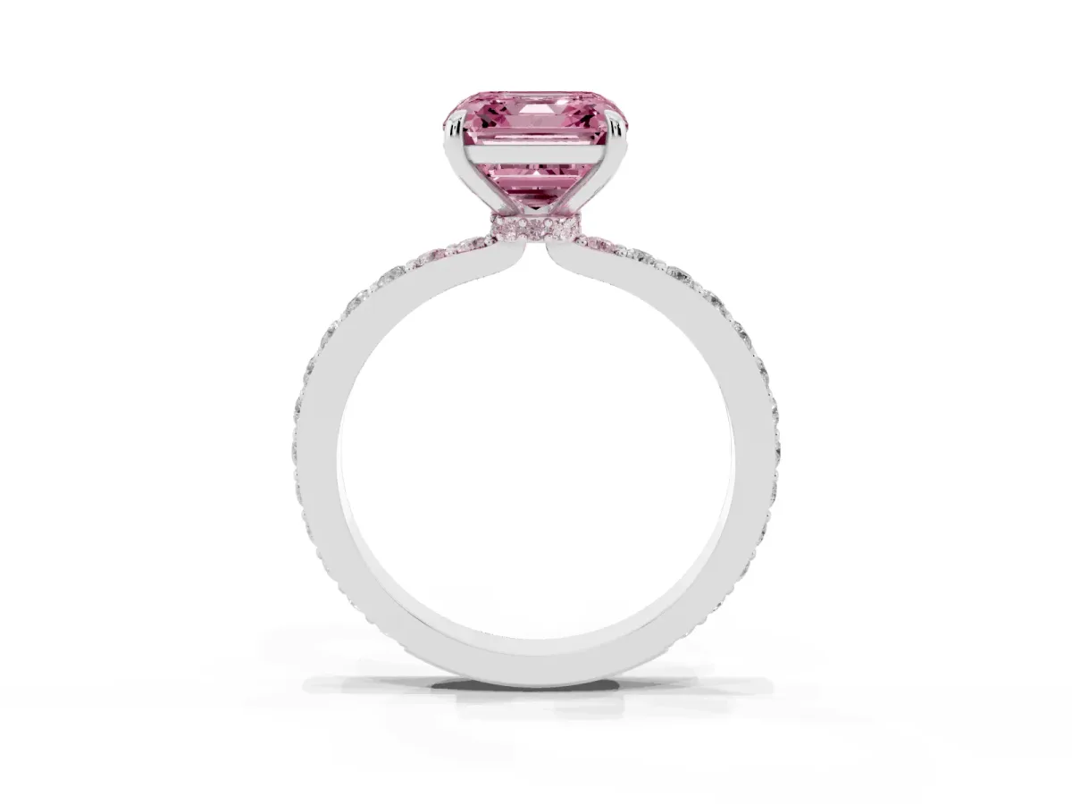 Fancy Pink Asscher Cut Diamond Solitaire Engagement Ring with Pavé Band and Four-Prong Setting Silver