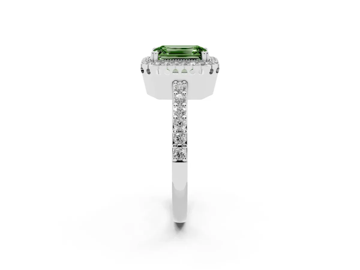 Fancy Green Emerald Cut Cut Diamond Halo Engagement Ring with Milgrain Detail and Pavé Band Silver