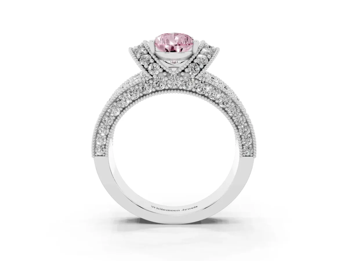 Fancy Pink Pear Cut Halo Pave Diamond Engagement Ring with Milgrain Detailing Silver