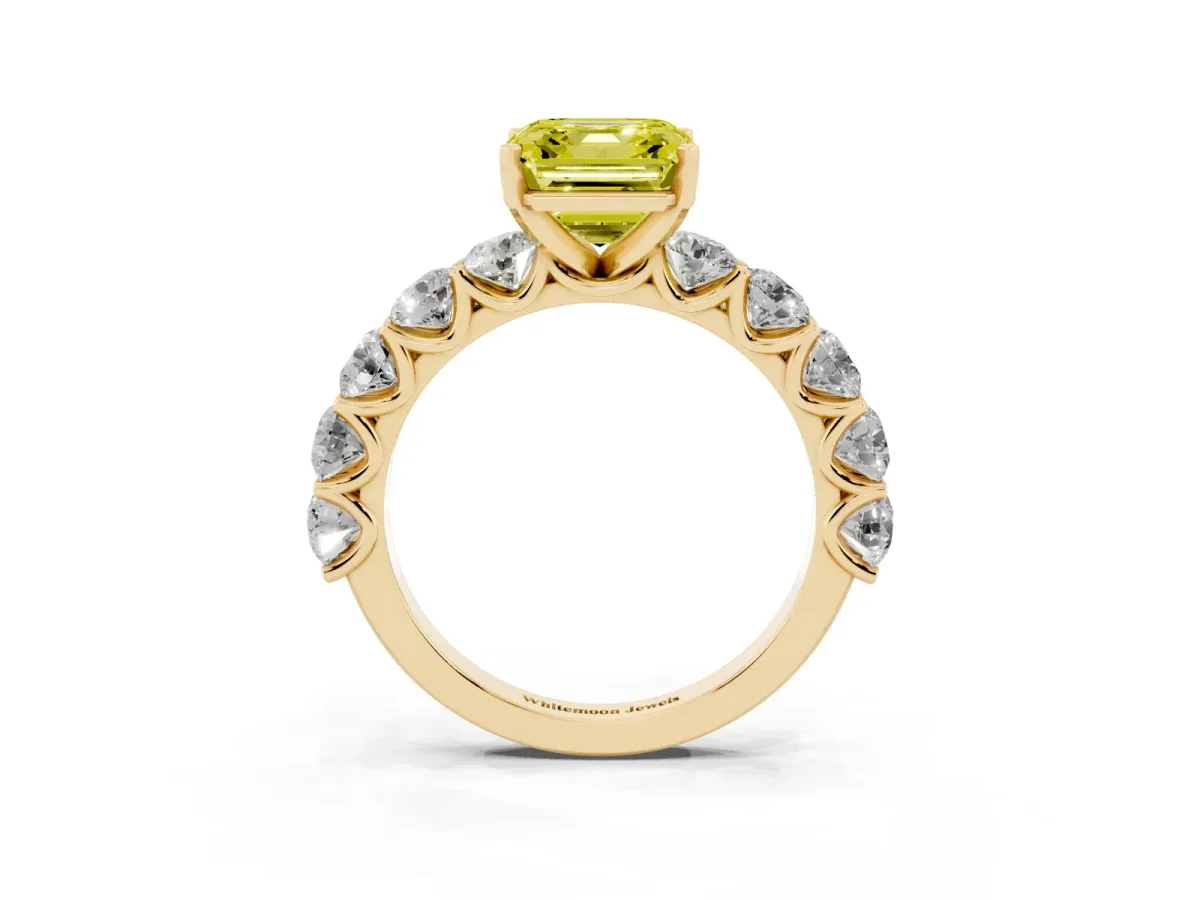 Fancy Yellow Asscher Cut Diamond Prong Setting with Side Stones on a Pave Band Yellow gold