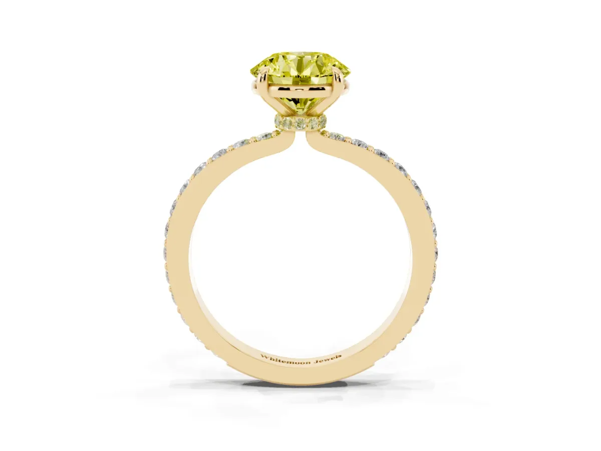 Fancy Yellow Round Cut Diamond Pavé Engagement Ring with Round Accents and Prong Setting Yellow gold