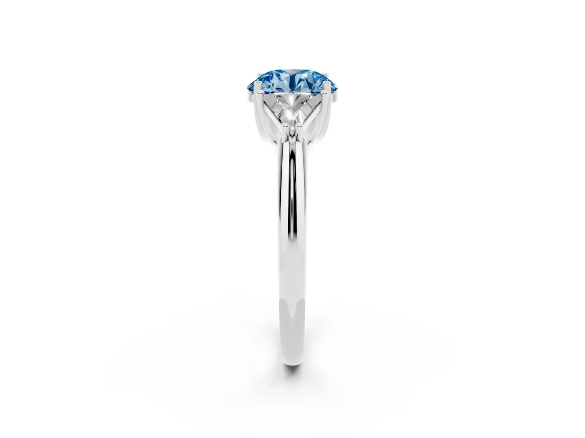 Fancy Blue Three-Stone Round Cut Diamond Engagement Ring with Trillion Side Stones and Prong Setting Silver