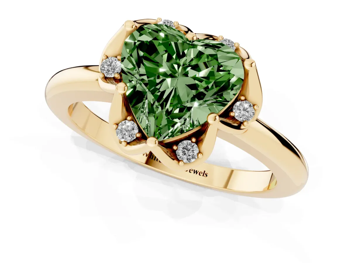 Fancy Green Heart Cut Halo Diamond Ring with Round Cluster Setting, Solitaire Band, and Four-Prong Setting Yellow gold
