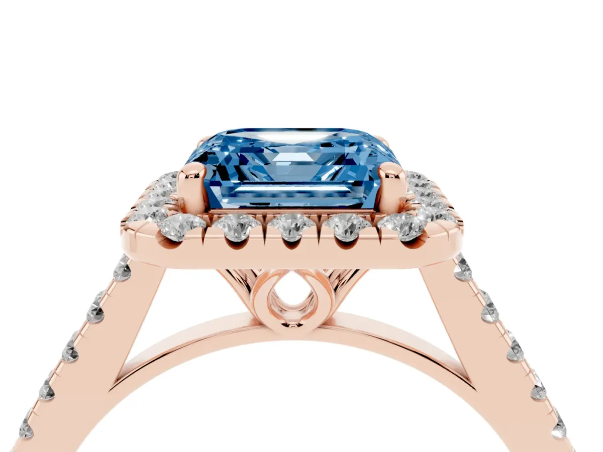 Fancy Blue Asscher Cut Halo Pavé Diamond Engagement Ring with Four-Prong Setting Rose gold