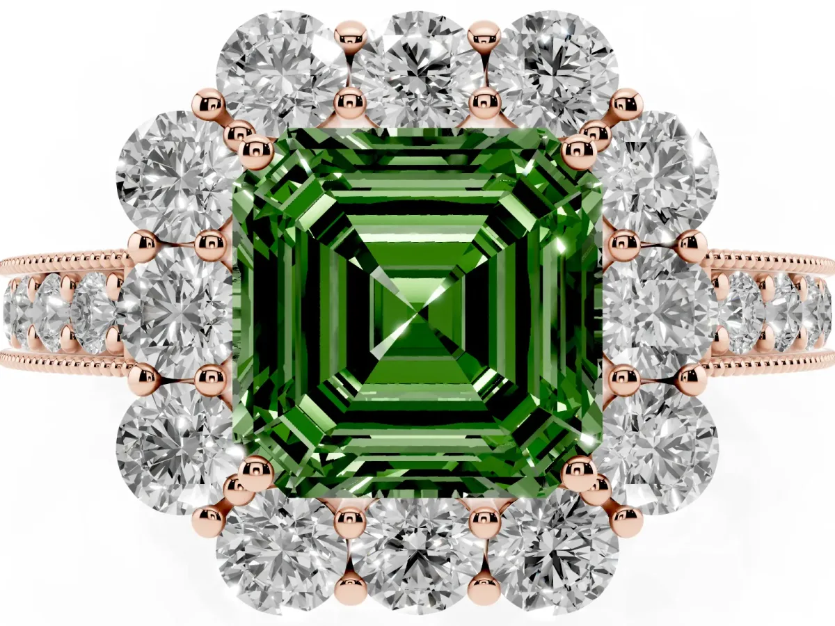 Fancy Green Asscher Cut Cut Halo Diamond Pavé Engagement Ring with Milgrain Detailing Rose gold