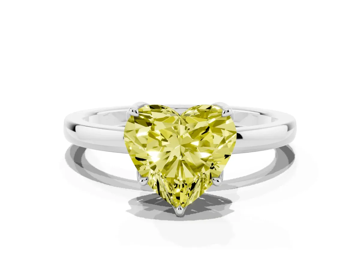 Fancy Yellow Heart Cut Diamond Solitaire Ring with Thin Band and Prong Setting Silver
