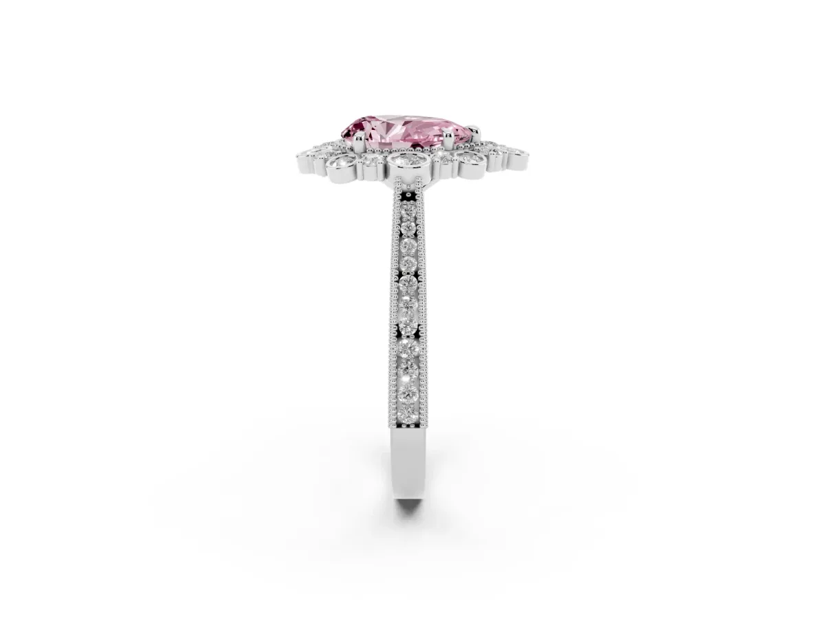 Fancy Pink Pear Cut Halo Milgrain Pave Diamond Ring with Four-Prong Setting Silver