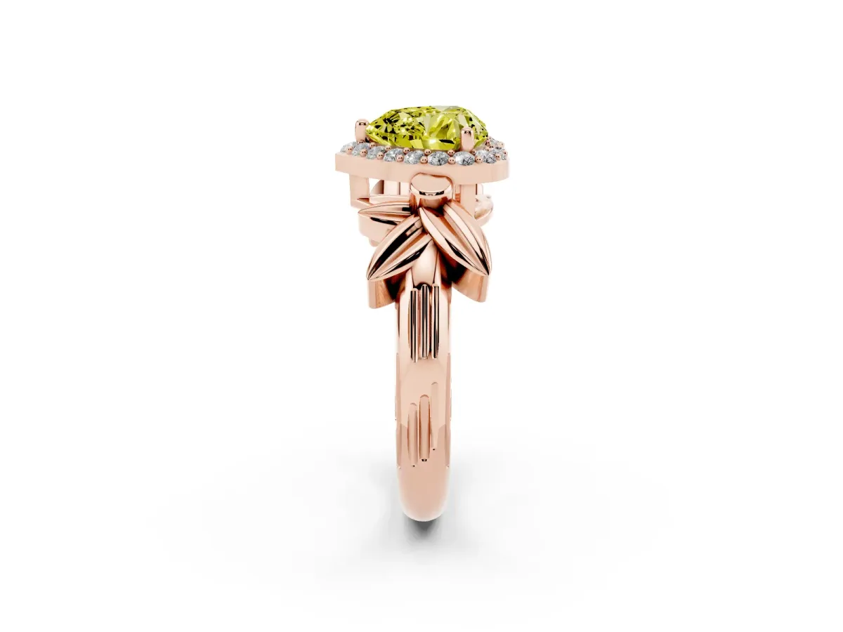 Fancy Yellow Heart Cut Halo Diamond Floral Band with Four-Prong Setting Rose gold