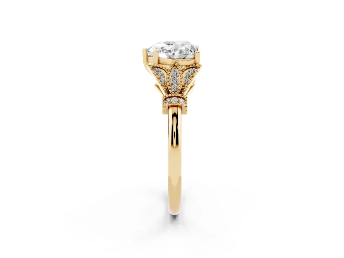 Heart Cut Diamond Solitaire Ring with Floral Filigree and Pave Accents Yellow gold