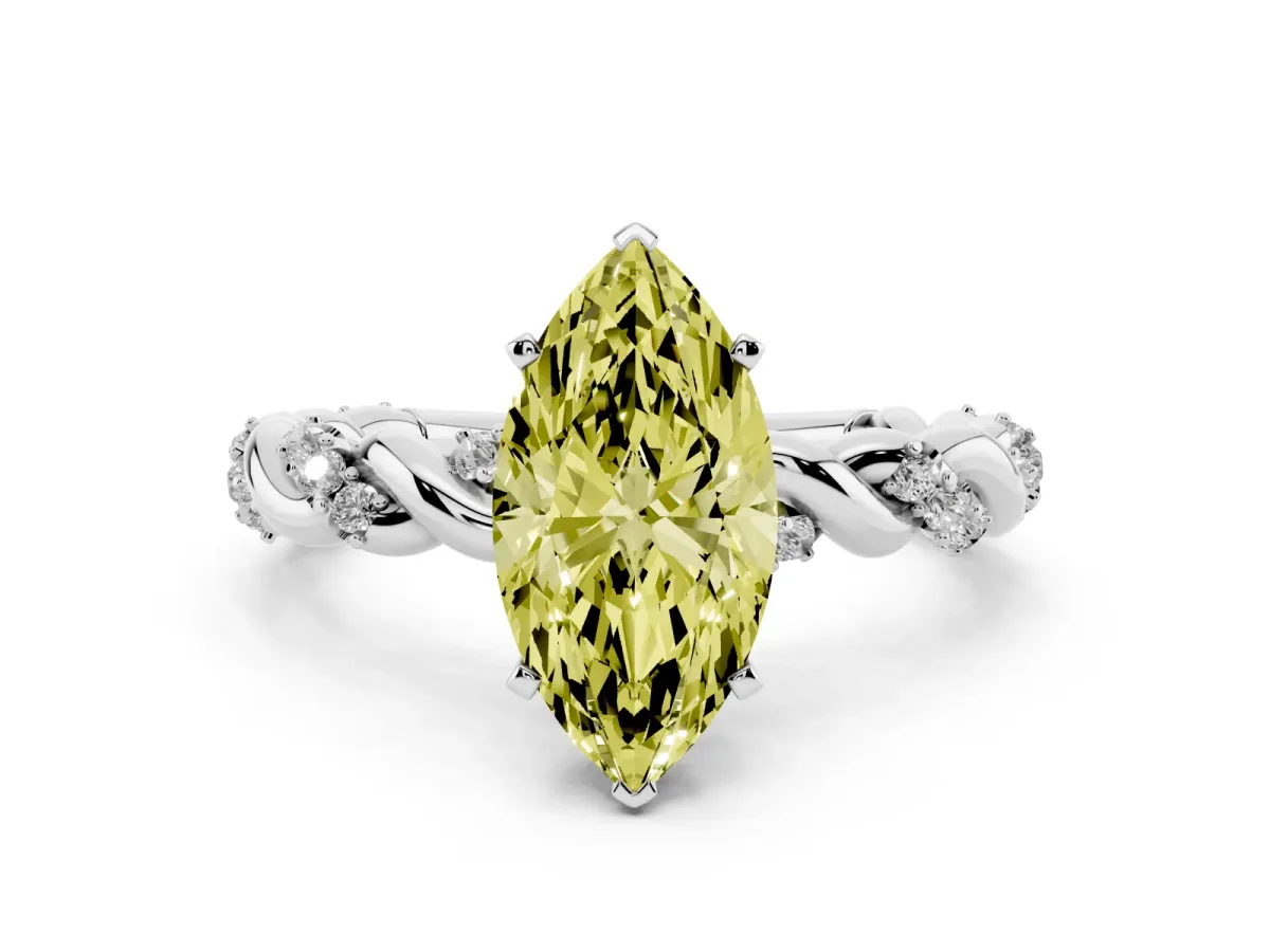 Fancy Yellow Marquise Cut Diamond Solitaire Ring with Twisted Band and Pavé Accents Platinum