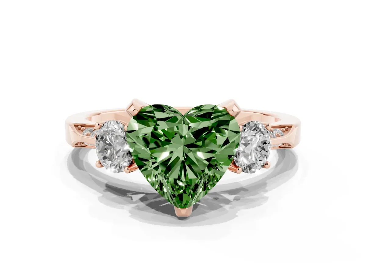 Fancy Green Heart Cut Brilliant Three-Stone Diamond Ring with Pavé Band and Four-Prong Setting Rose gold
