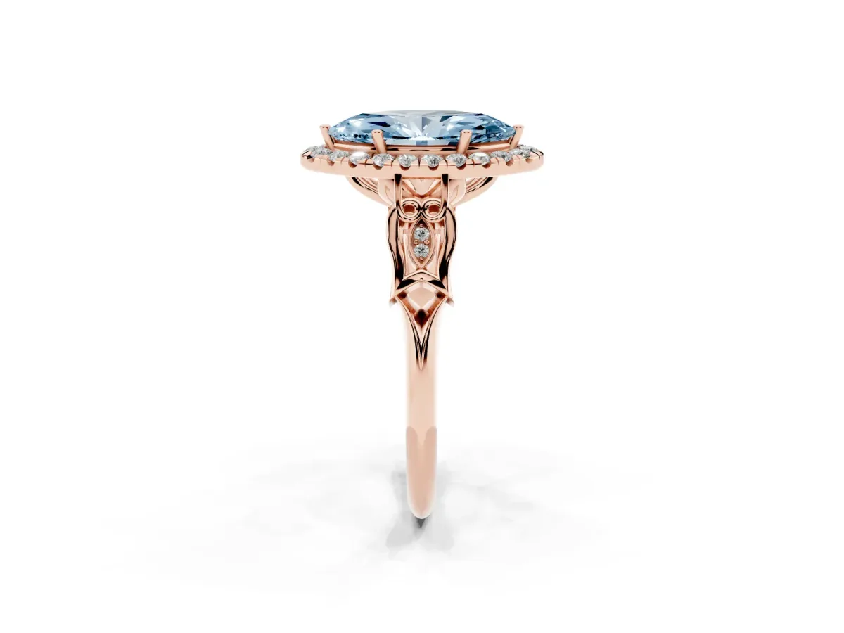 Fancy Blue Marquise Cut Halo Diamond Engagement Ring with Filigree Band and Four-Prong Setting Rose gold