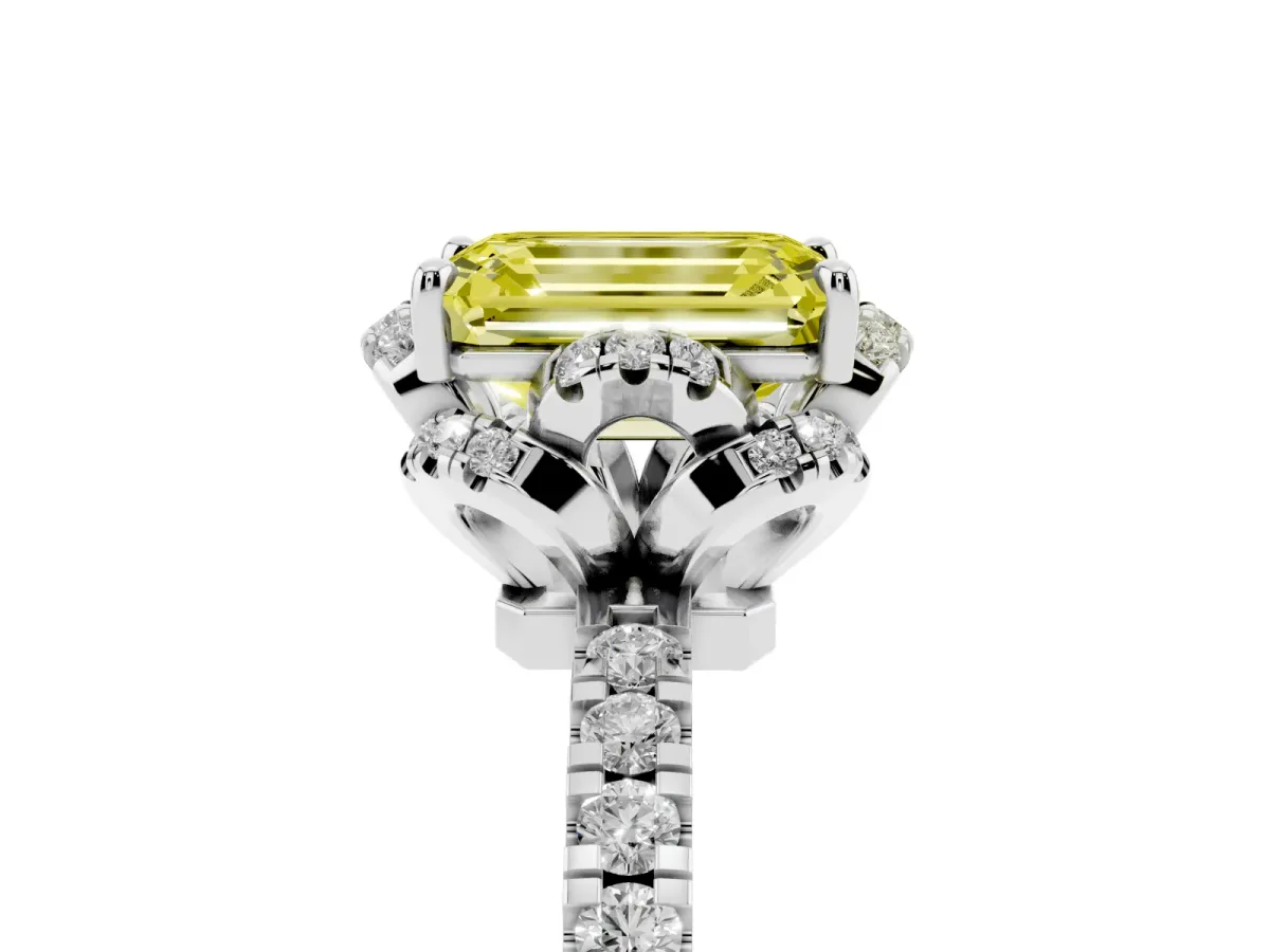 Fancy Yellow Emerald Cut Diamond Halo Pave Band with Four-Prong Setting Silver
