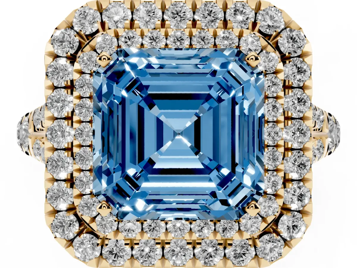 Fancy Blue Asscher Cut Cut Double Halo Split Shank Diamond Ring with Prong Setting Yellow gold