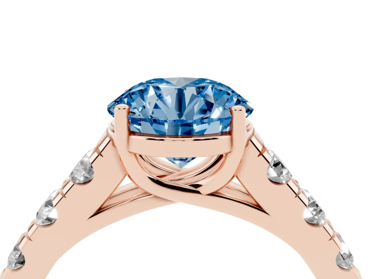 Fancy Blue Round Cut Cut Diamond Solitaire Ring with Micro Pave Band and Prong Setting Rose gold