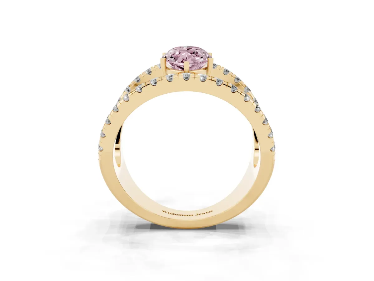 Fancy Pink Marquise Cut Solitaire Split Shank Pave Diamond Ring Yellow gold