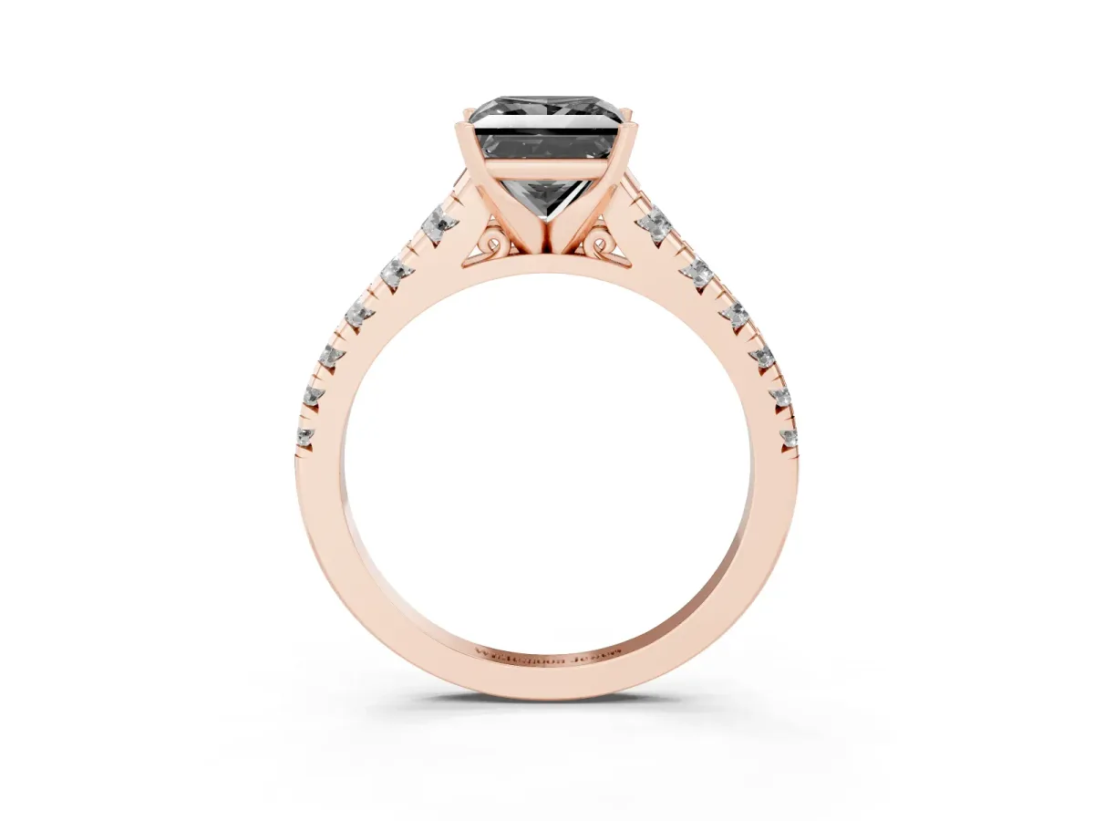 Fancy Black Princess Cut Diamond Cathedral Solitaire Ring with Round Pavé Band Rose gold